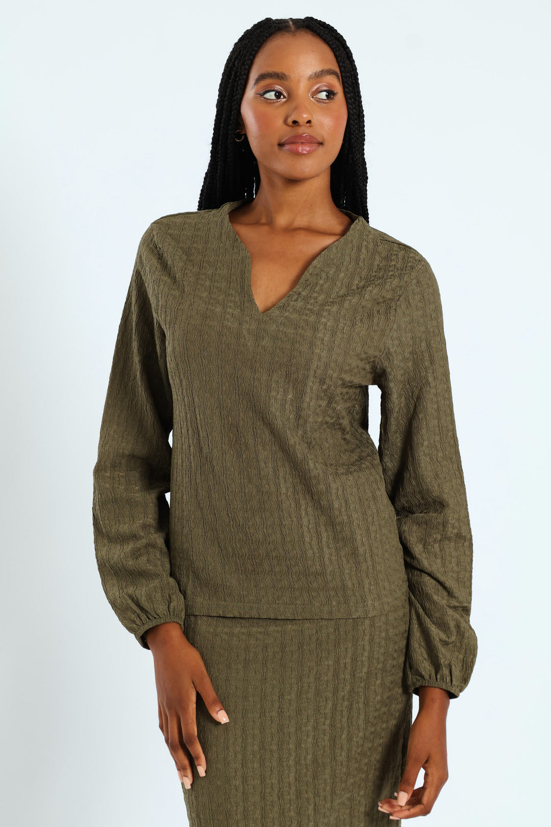 Crinkle Henley Top - Army Green