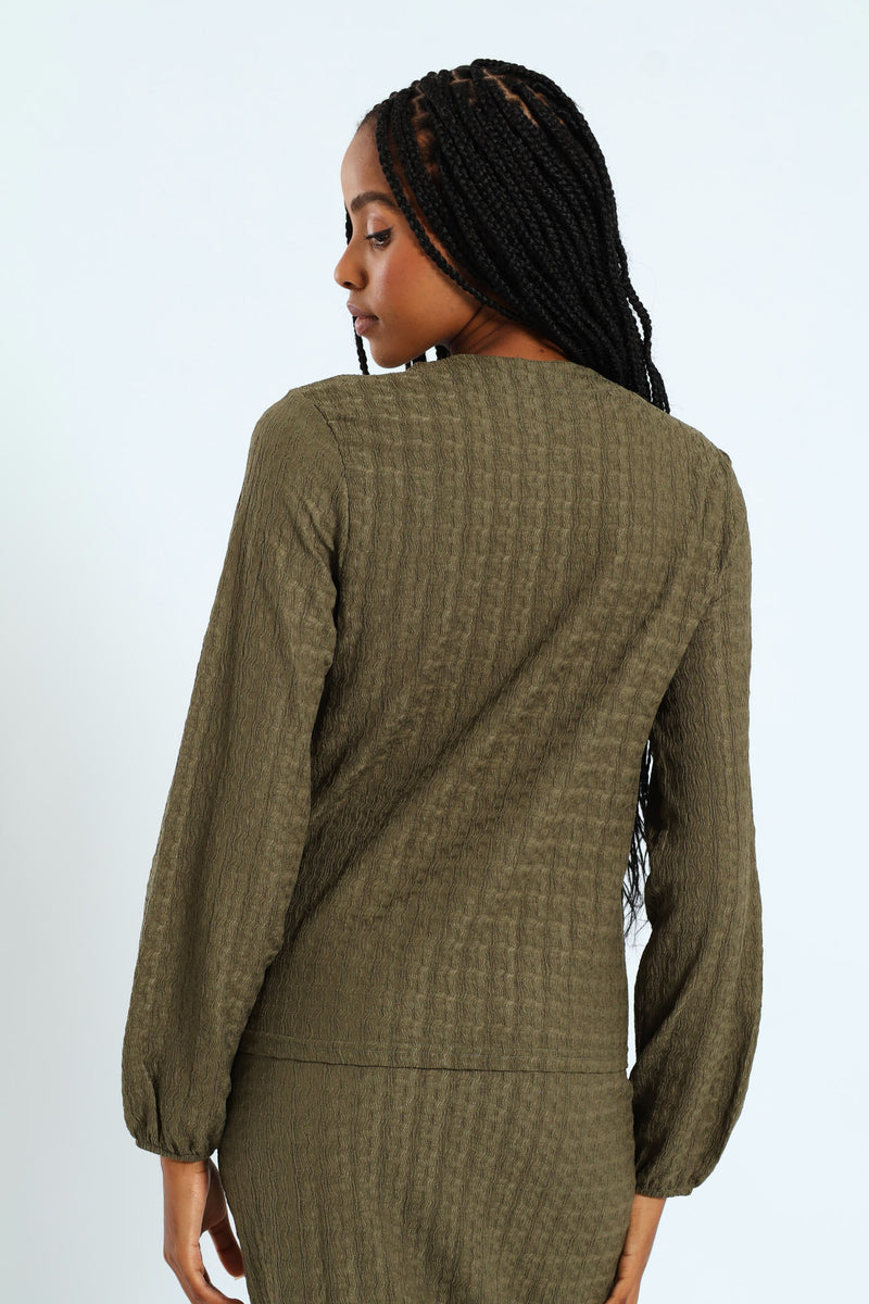 Crinkle Henley Top - Army Green