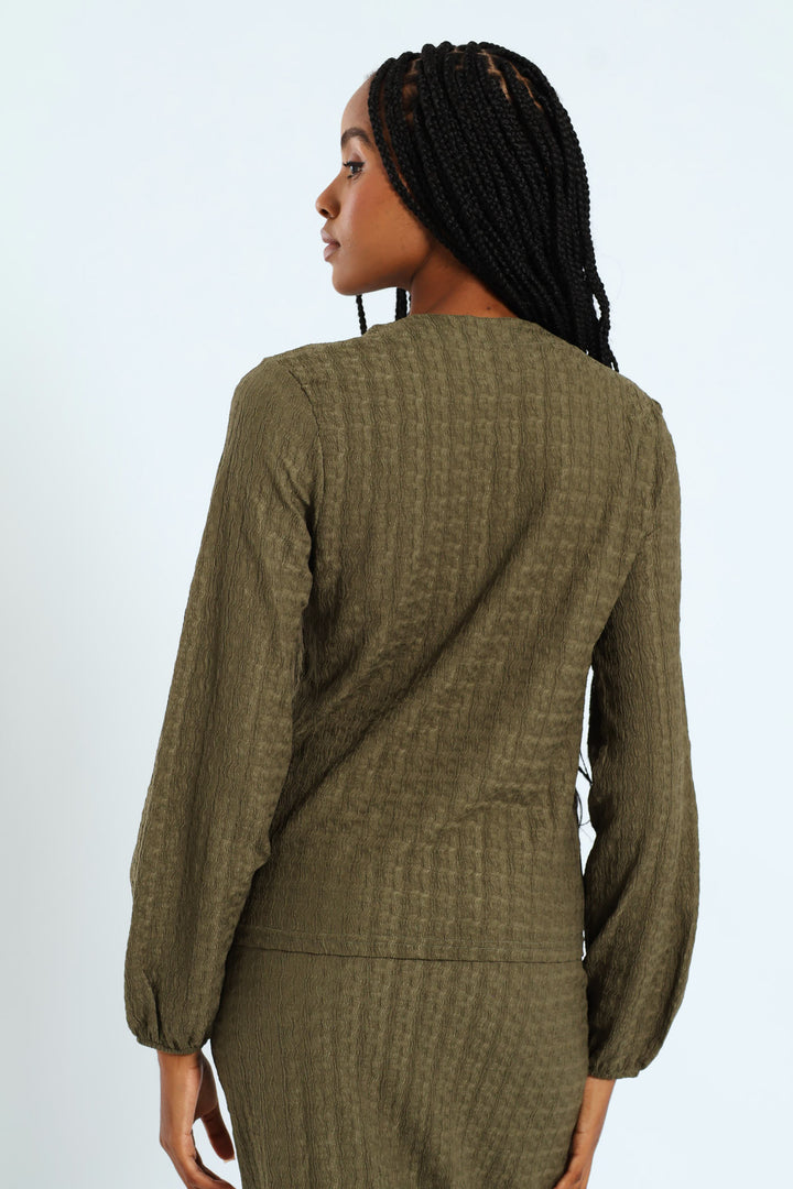 Crinkle Henley Top - Army Green