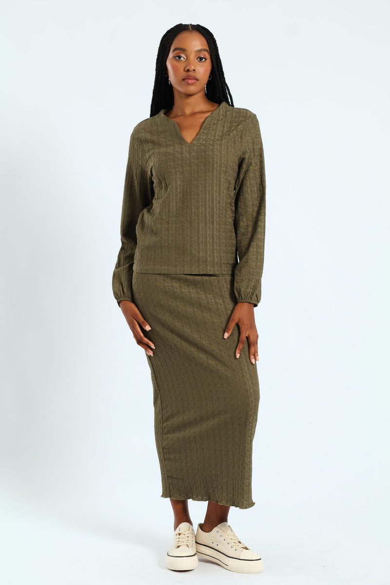 Crinkle Knit Tube Midaxi Skirt - Army Green