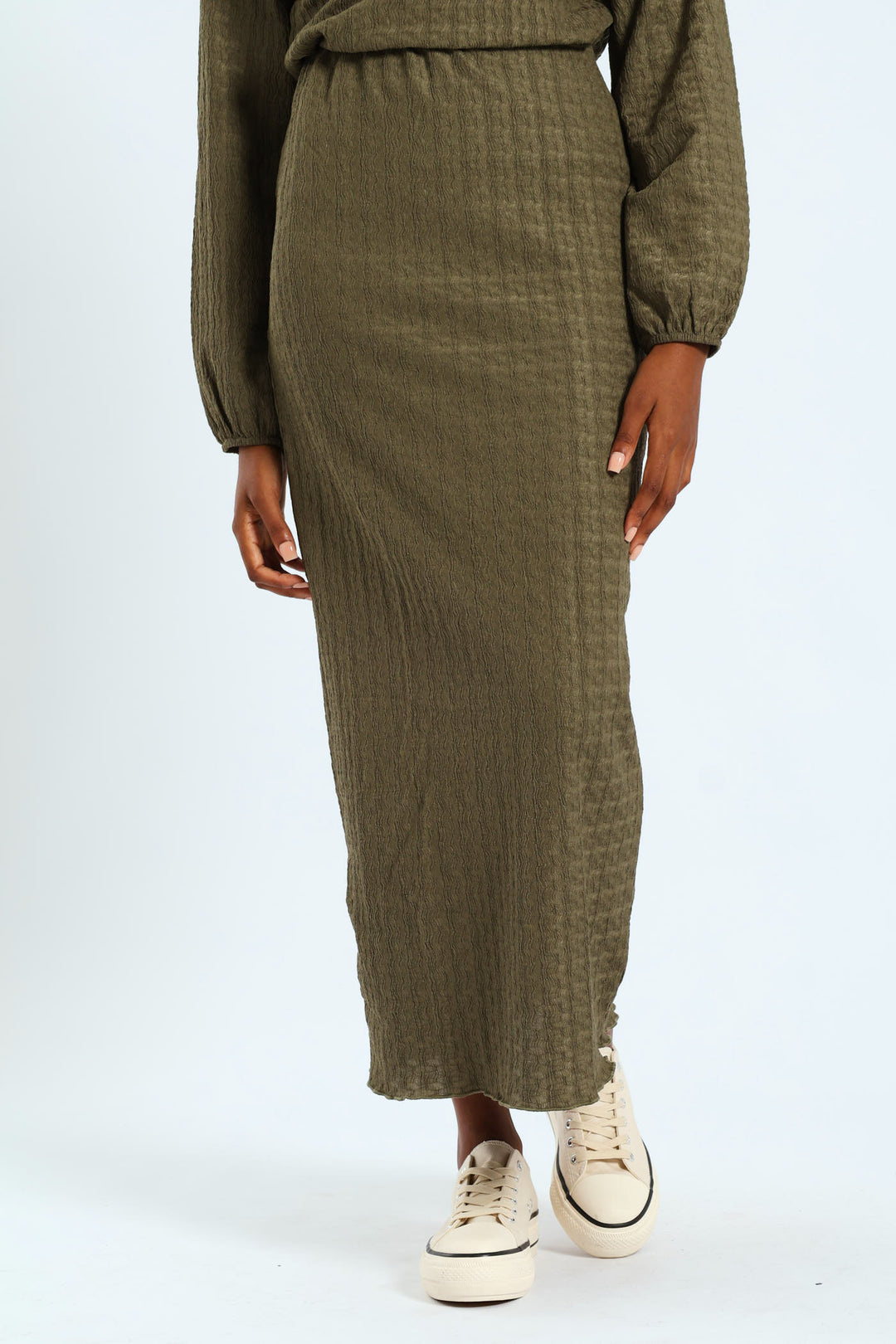 Crinkle Knit Tube Midaxi Skirt - Army Green