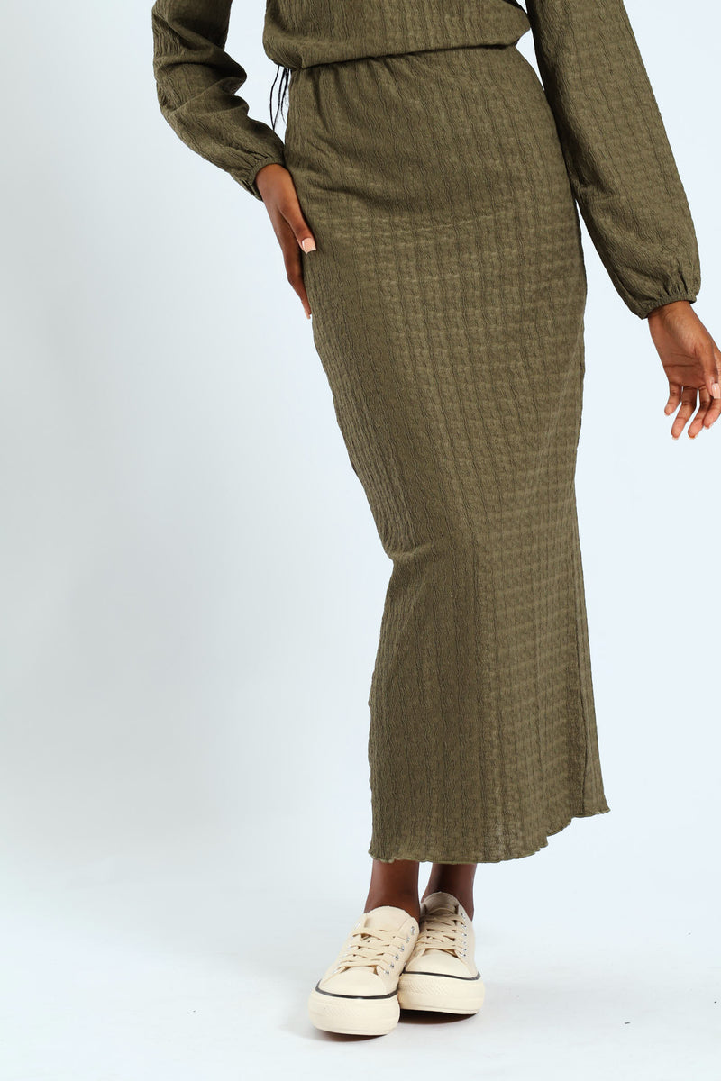 Crinkle Knit Tube Midaxi Skirt - Army Green