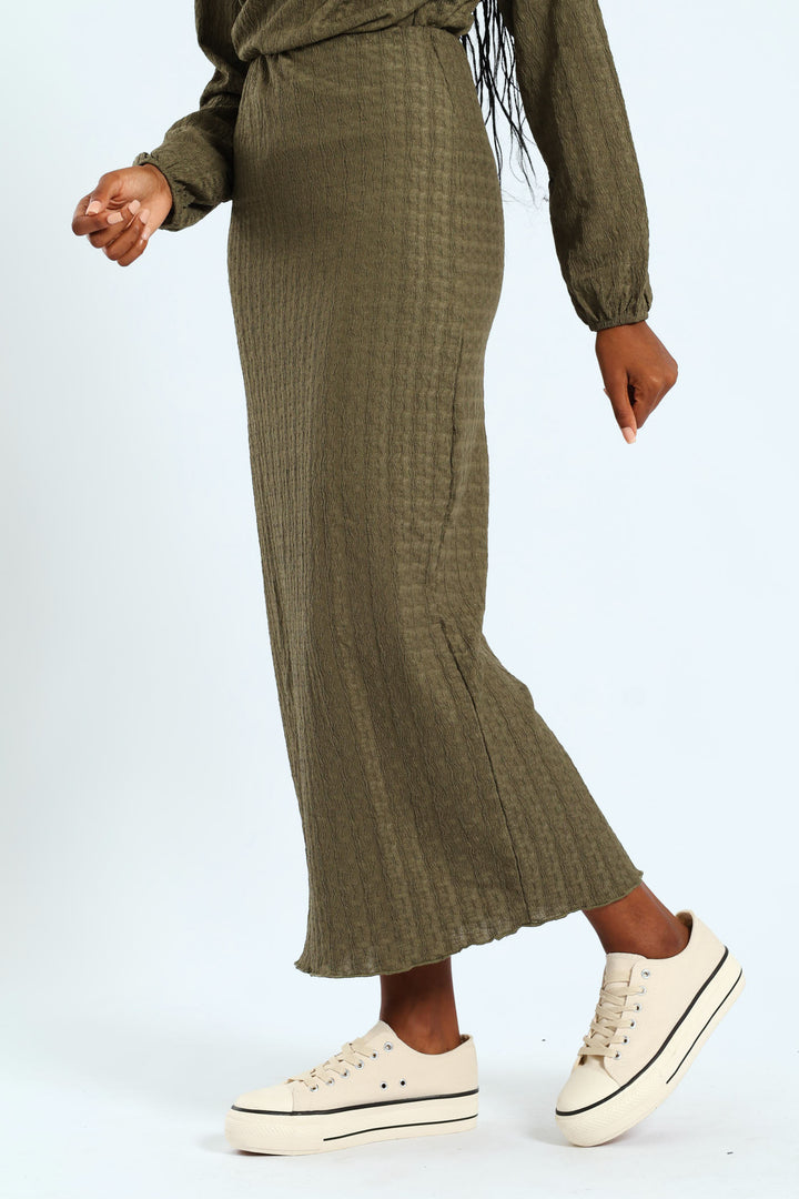 Crinkle Knit Tube Midaxi Skirt - Army Green