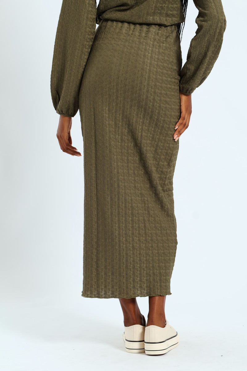 Crinkle Knit Tube Midaxi Skirt - Army Green