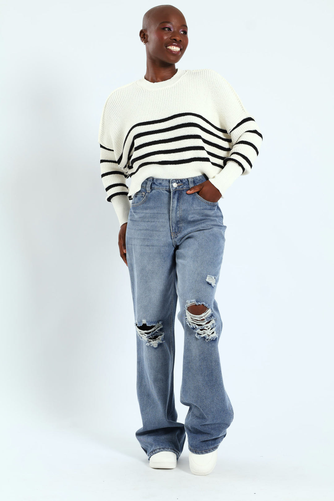 Rip & Repair Regular Rise Wide Leg Denim - Mid Blue