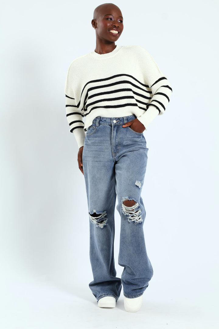 Rip & Repair Regular Rise Wide Leg Denim - Mid Blue