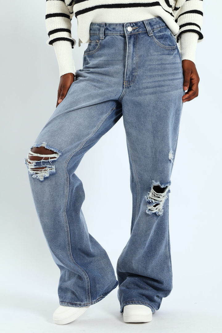 Rip & Repair Regular Rise Wide Leg Denim - Mid Blue