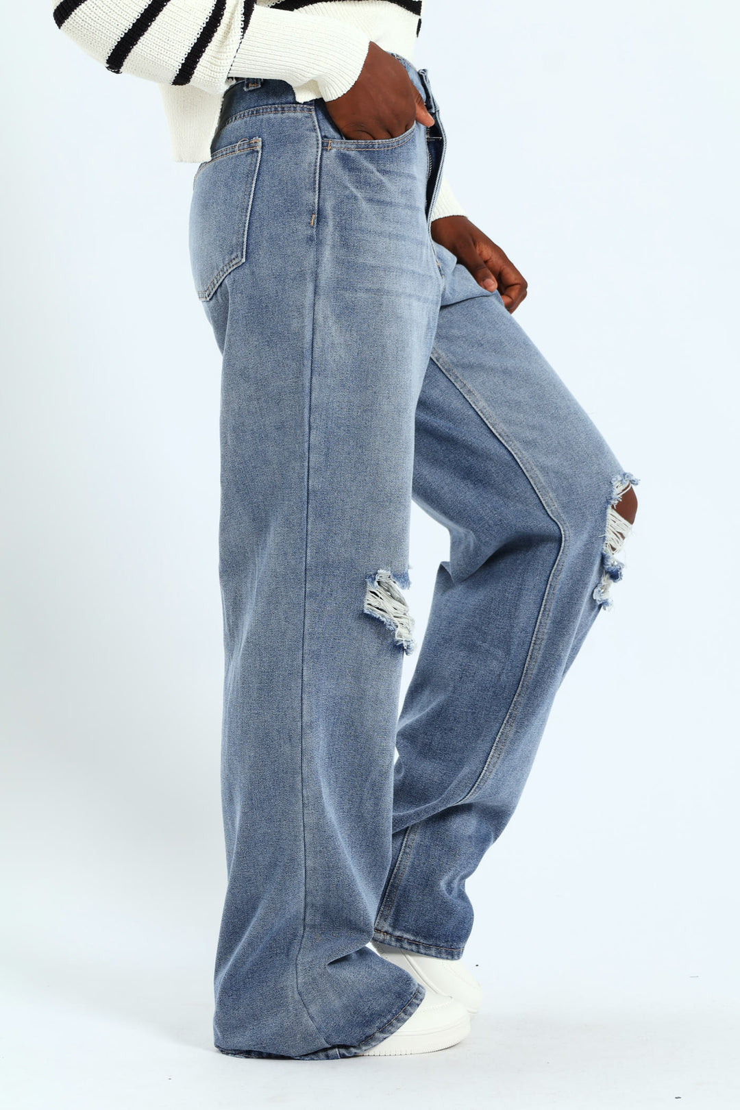 Rip & Repair Regular Rise Wide Leg Denim - Mid Blue