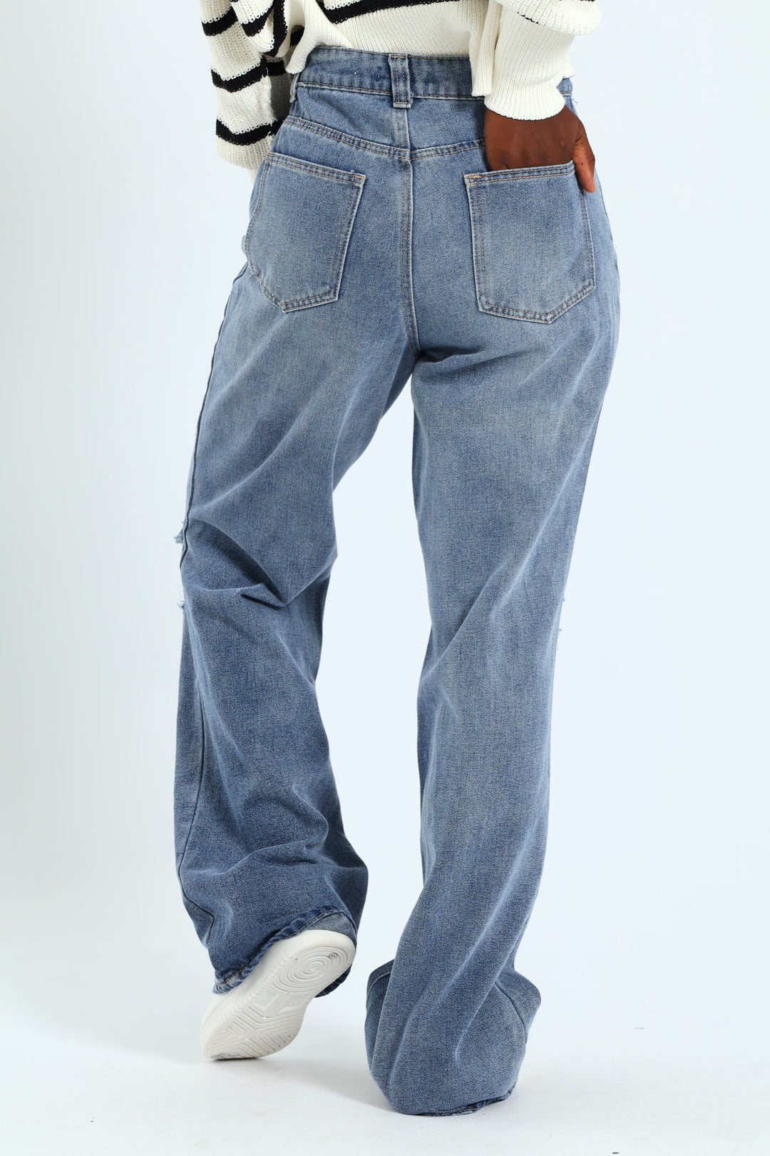 Rip & Repair Regular Rise Wide Leg Denim - Mid Blue