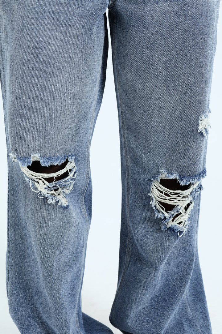 Rip & Repair Regular Rise Wide Leg Denim - Mid Blue