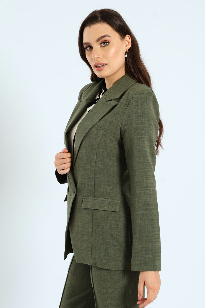 Button Linen Blend Blazer - Olive