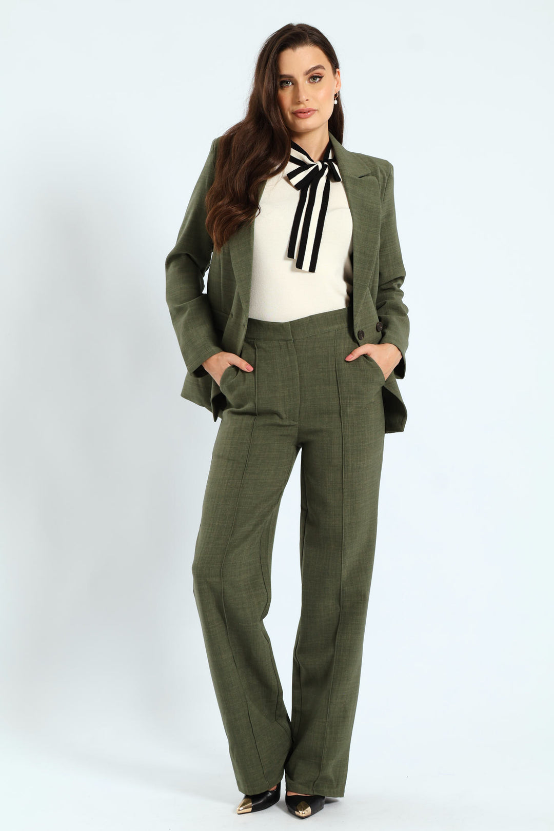 Pin Tuck Linen Blend Straight Leg Pant - Olive