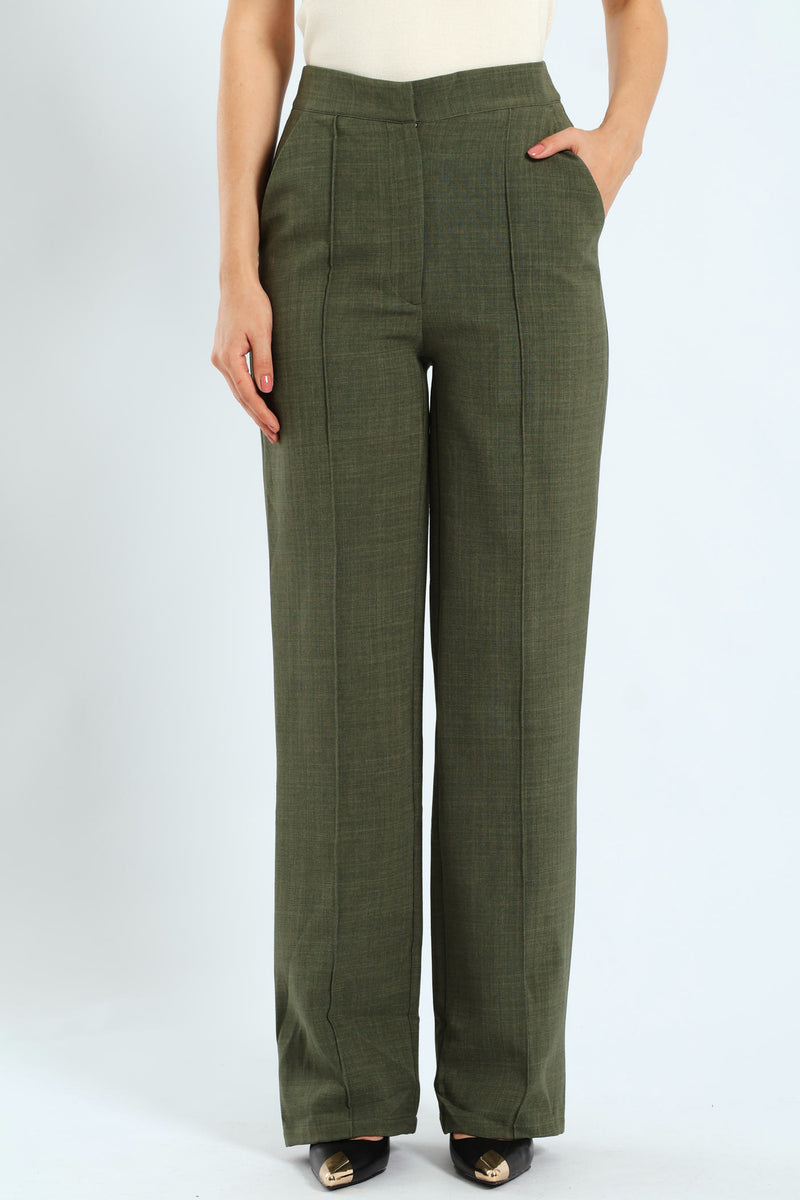 Pin Tuck Linen Blend Straight Leg Pant - Olive