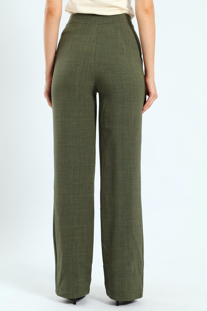 Pin Tuck Linen Blend Straight Leg Pant - Olive