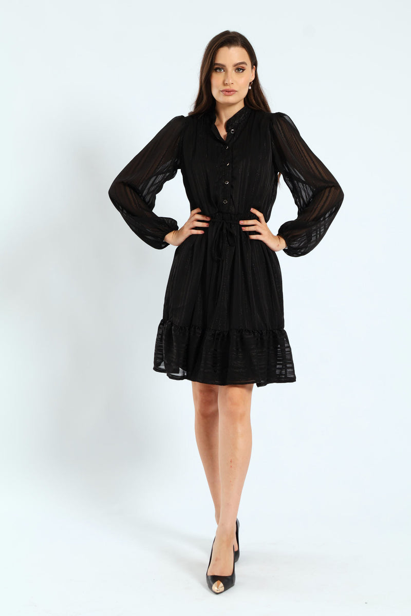 Mandarin Collar Frill Hem Tea Dress