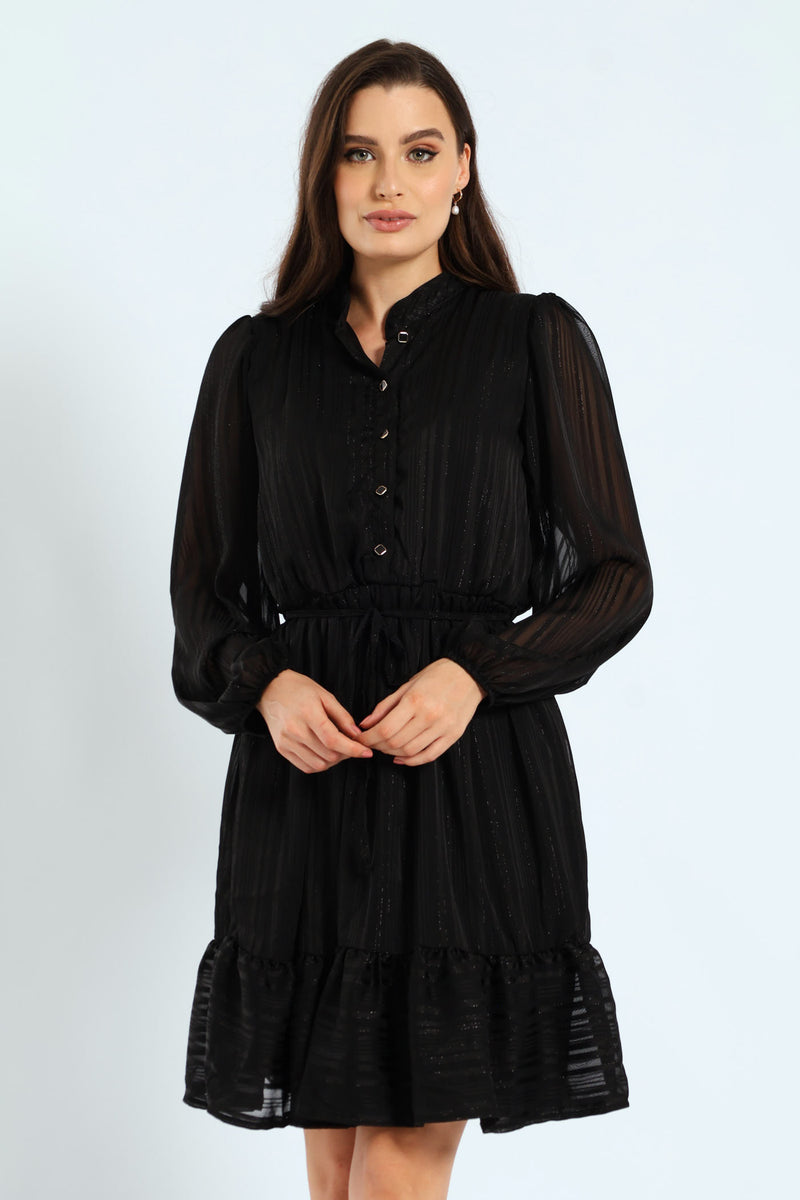 Mandarin Collar Frill Hem Tea Dress