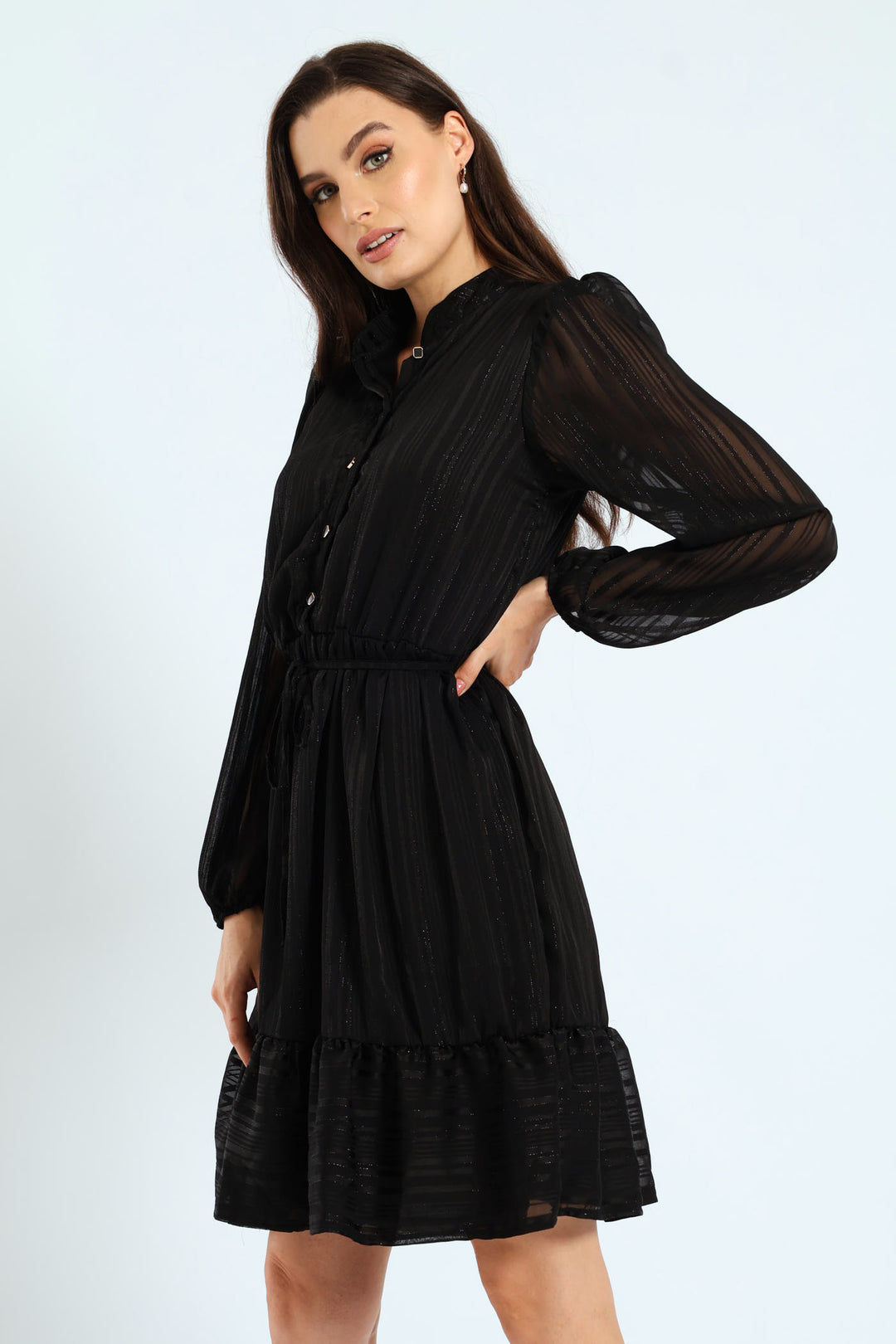 Mandarin Collar Frill Hem Tea Dress