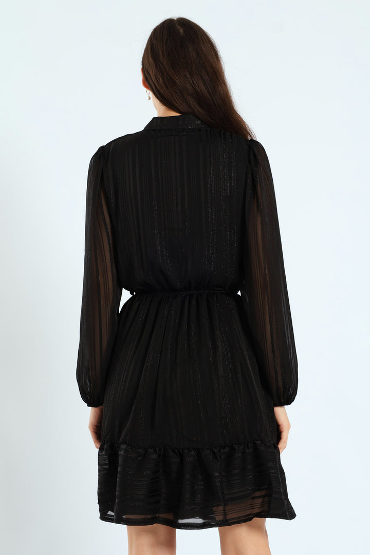 Mandarin Collar Frill Hem Tea Dress