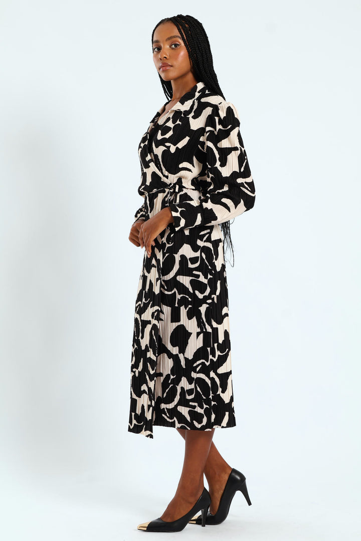 Collared Monochrome Plisse Midi Dress