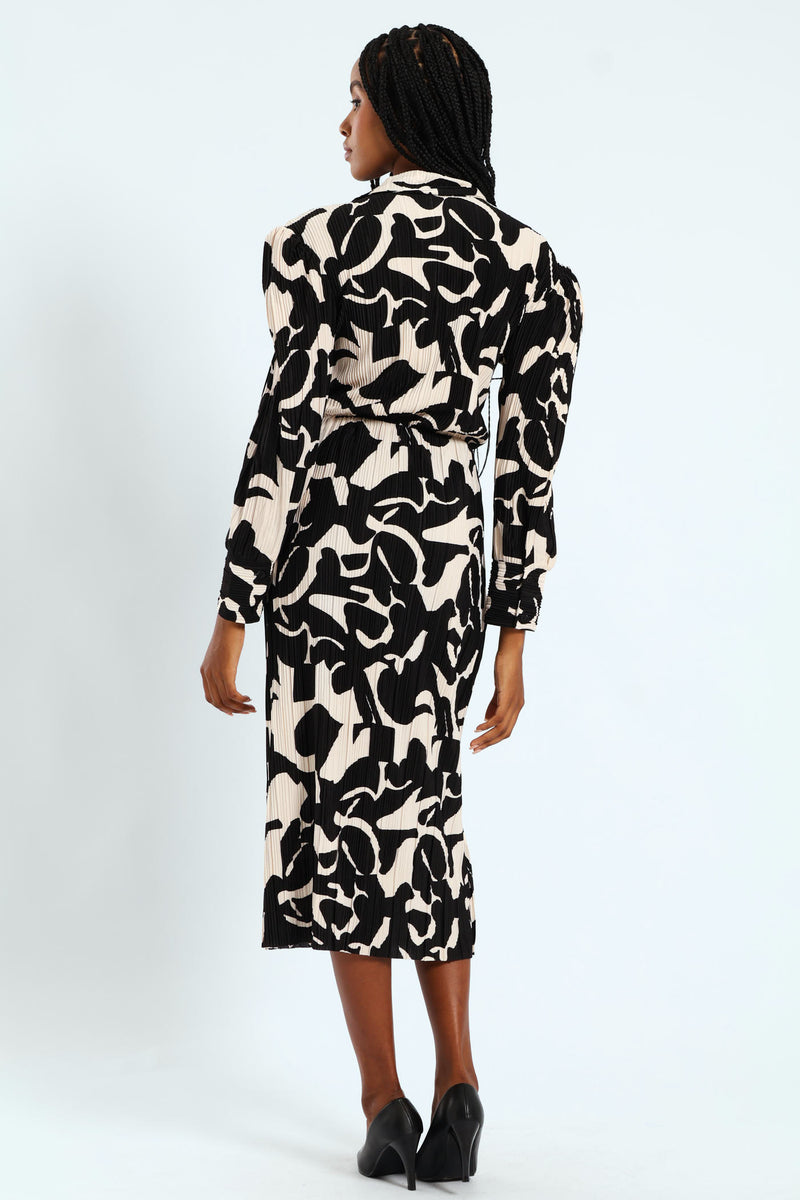 Collared Monochrome Plisse Midi Dress