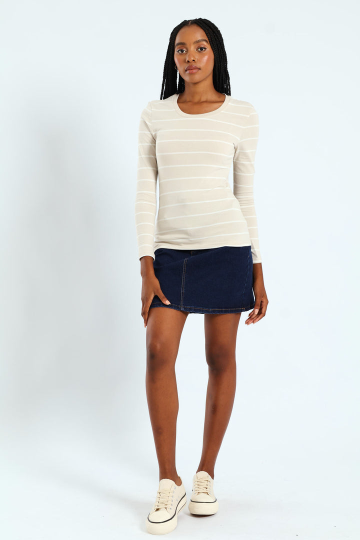 Cotton Lycra Striped Crew Top - White/Sandstone