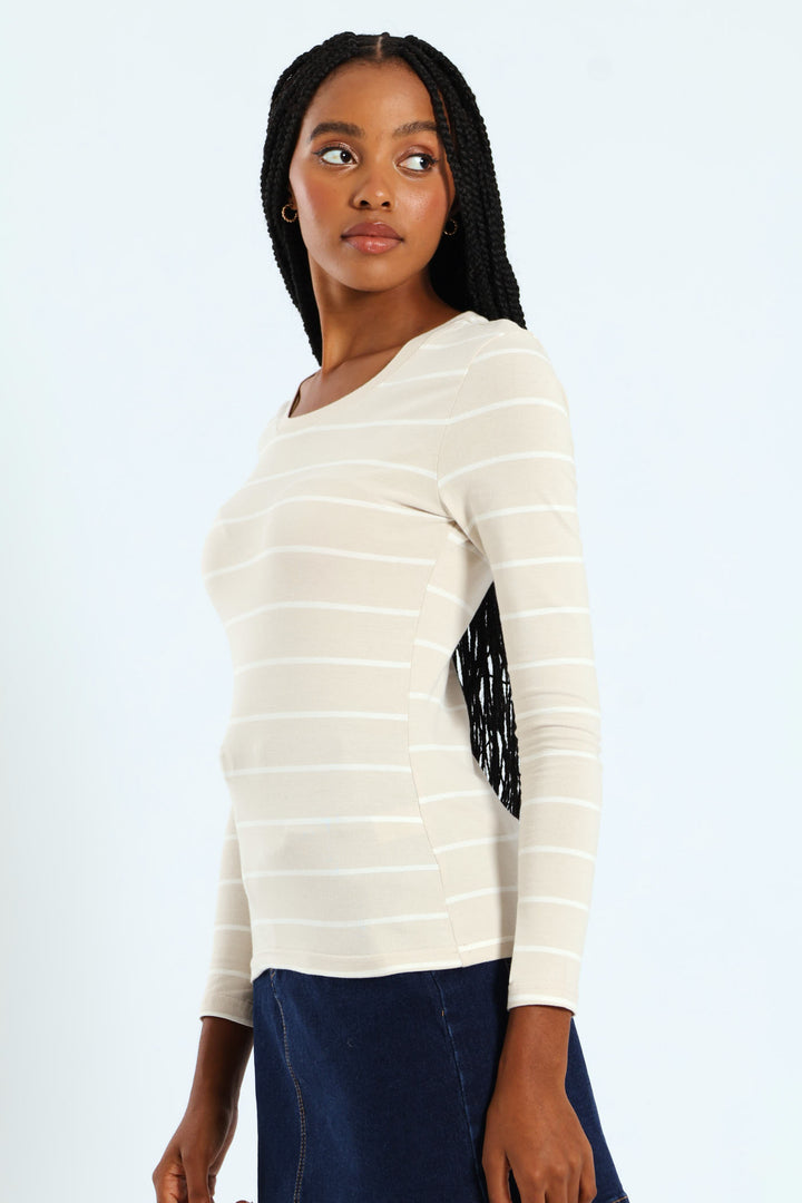 Cotton Lycra Striped Crew Top - White/Sandstone