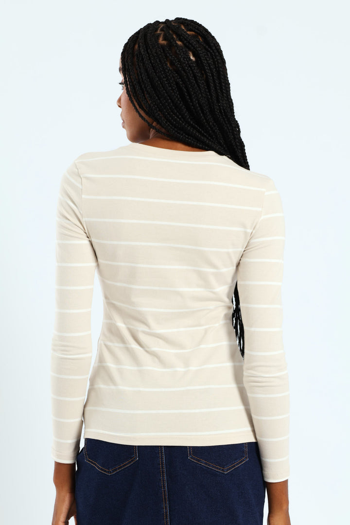 Cotton Lycra Striped Crew Top - White/Sandstone