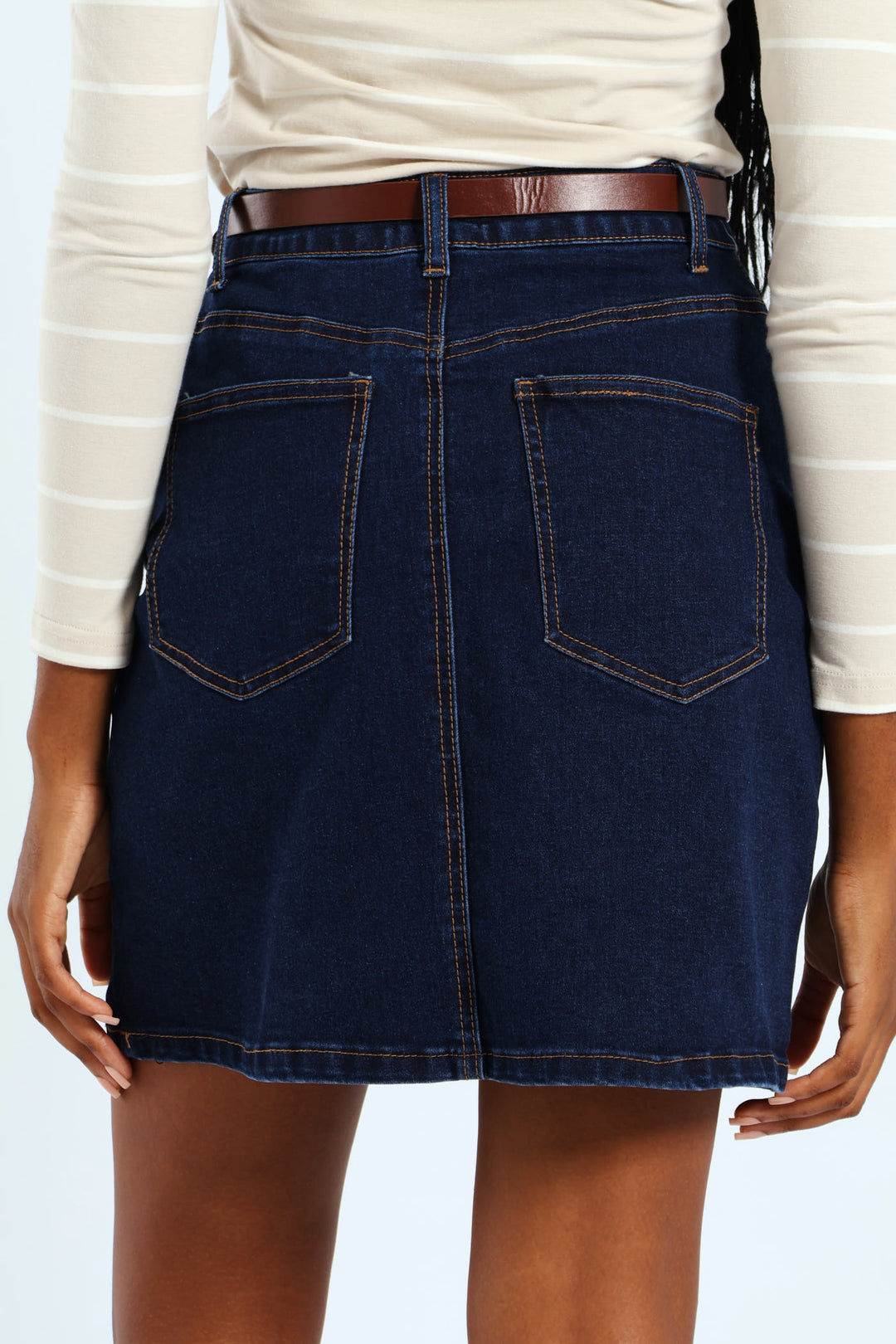 Belted Denim Mini Skirt - Dark Wash