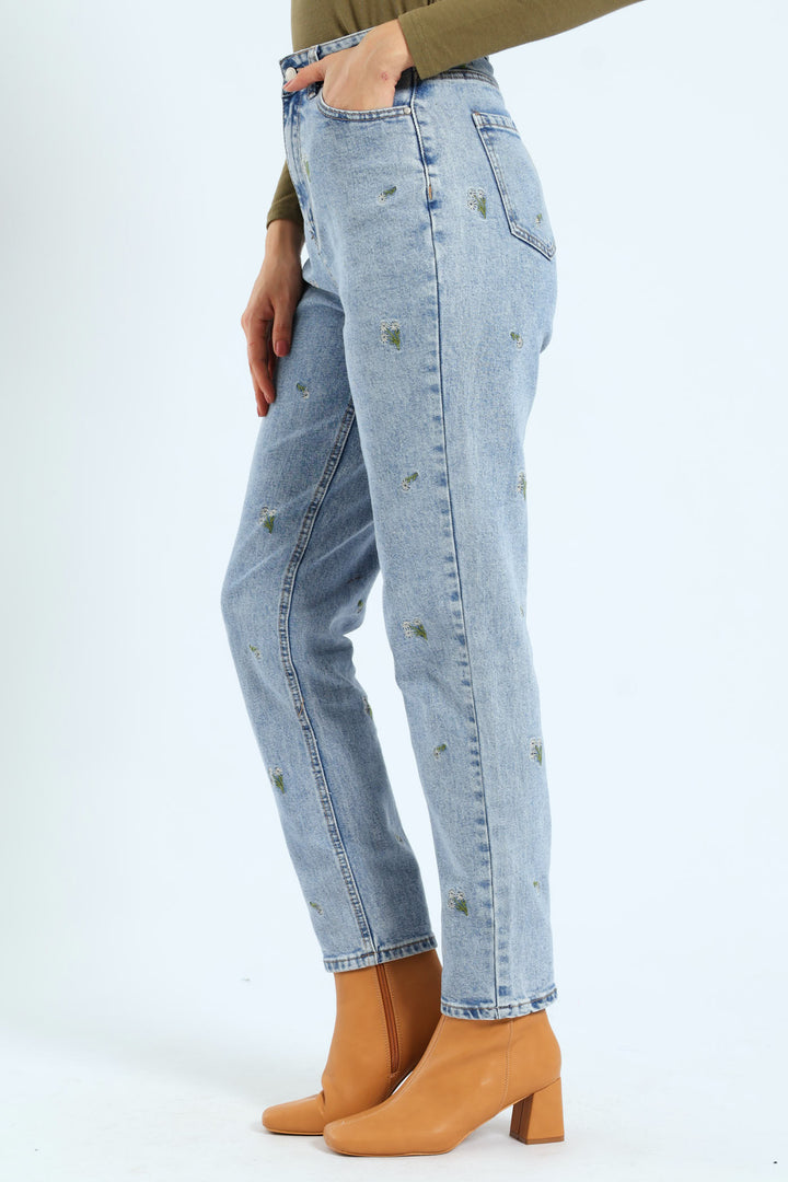 Floral Embroidered Mom Jean - Salty Light Wash