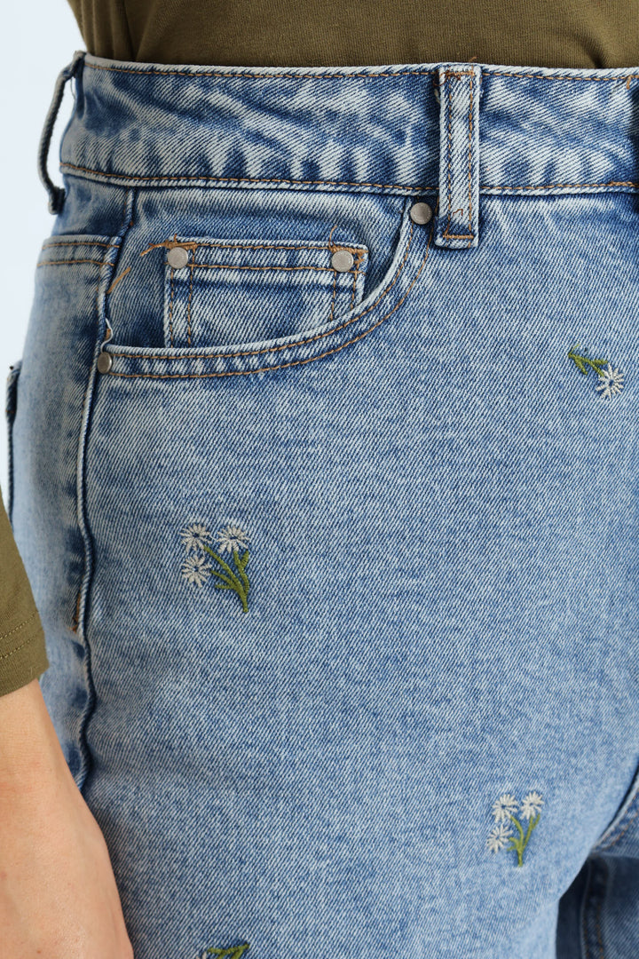Floral Embroidered Mom Jean - Salty Light Wash