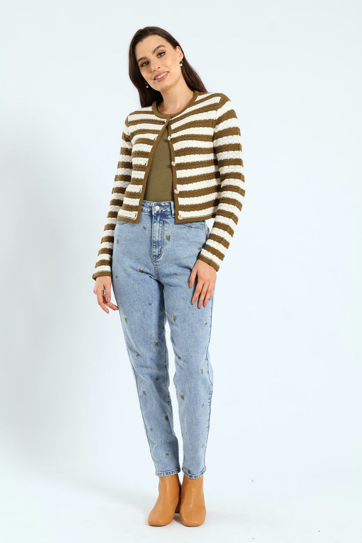 Textured Stripe Cardigan - Olive