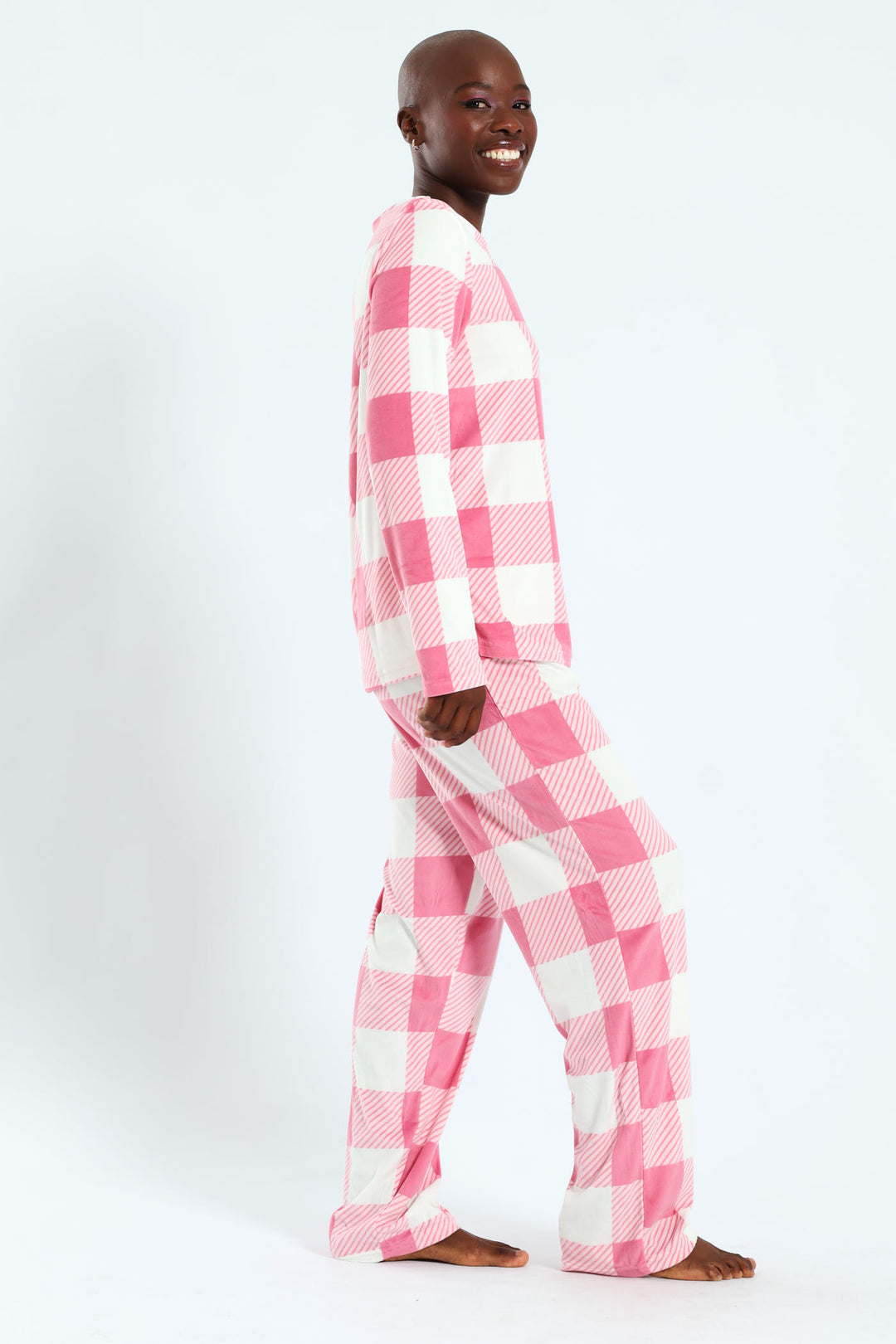 Long Sleeve Top & Pant Check Velour Set - White/Pink