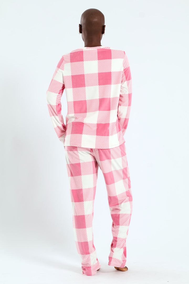 Long Sleeve Top & Pant Check Velour Set - White/Pink