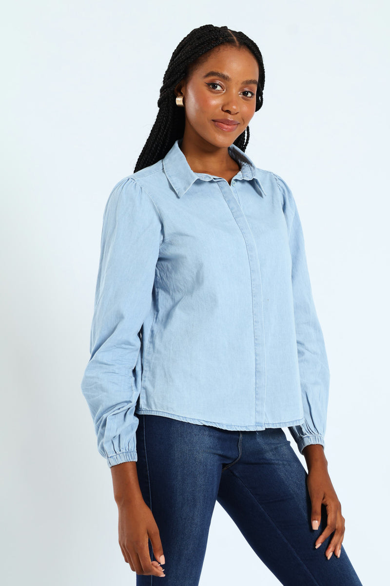 Puff Sleeve Chambray Shirt - Light Wash