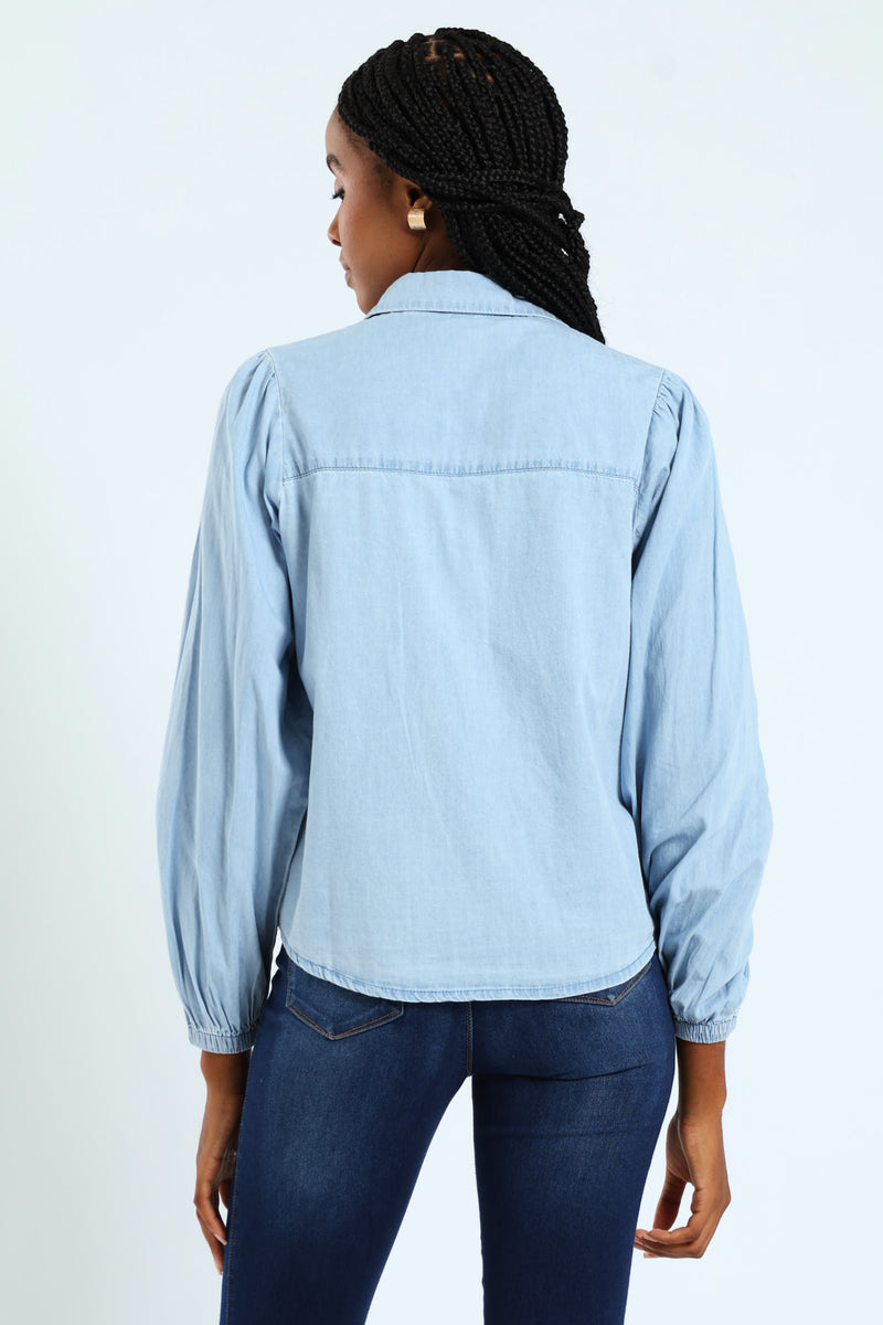 Puff Sleeve Chambray Shirt - Light Wash