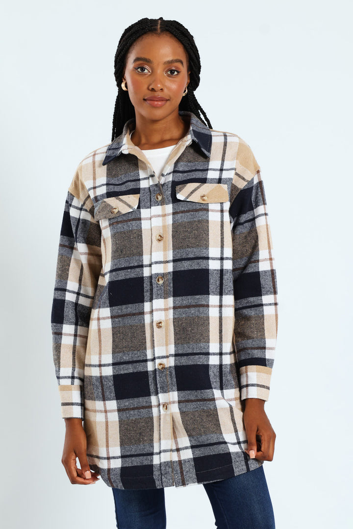 Curved Hem Lined Melton Shacket - Navy