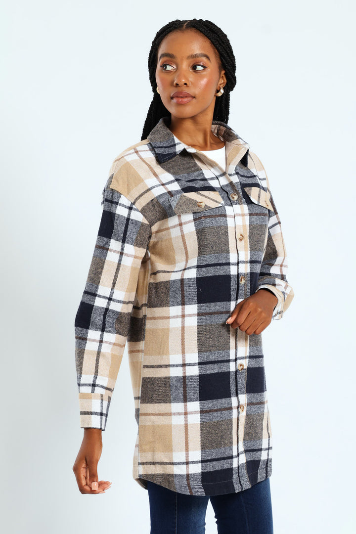 Curved Hem Lined Melton Shacket - Navy