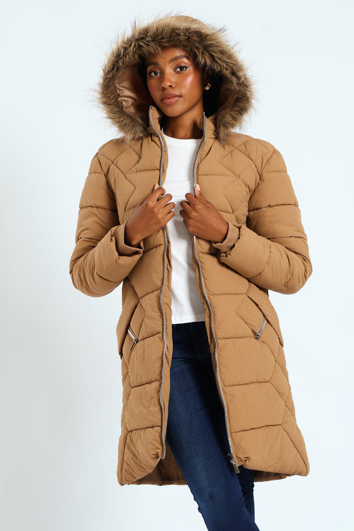 Chevron Quilted Puffer With Detachable Tonal Fur Hood - Chestnut