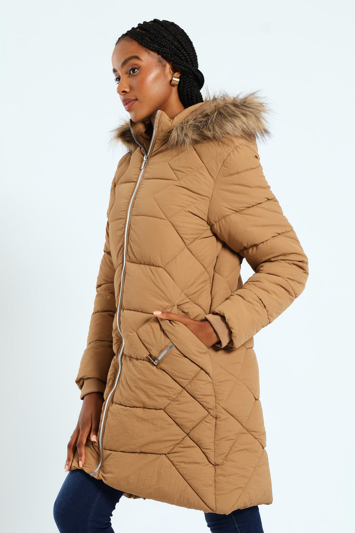 Chevron Quilted Puffer With Detachable Tonal Fur Hood - Chestnut