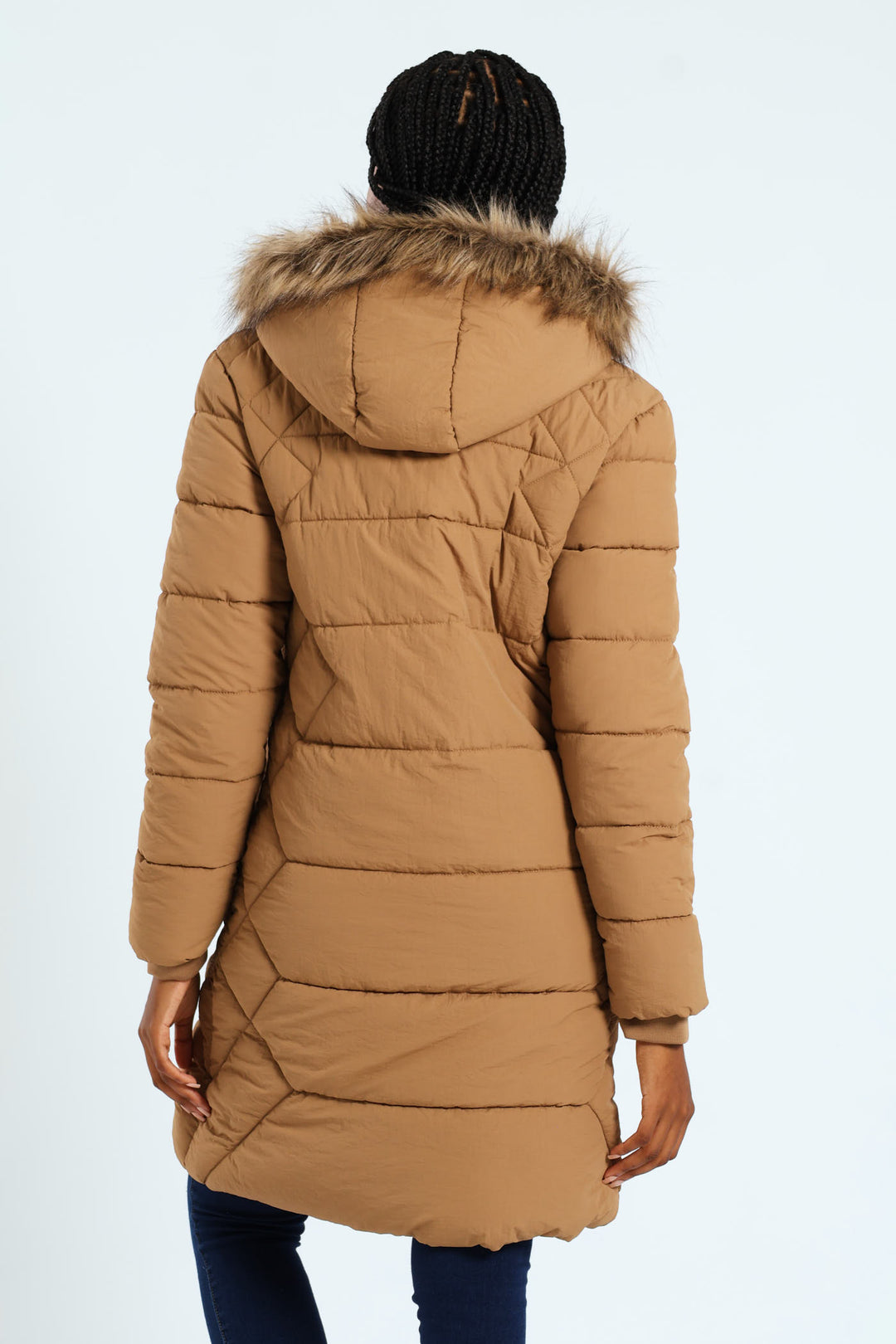 Chevron Quilted Puffer With Detachable Tonal Fur Hood - Chestnut