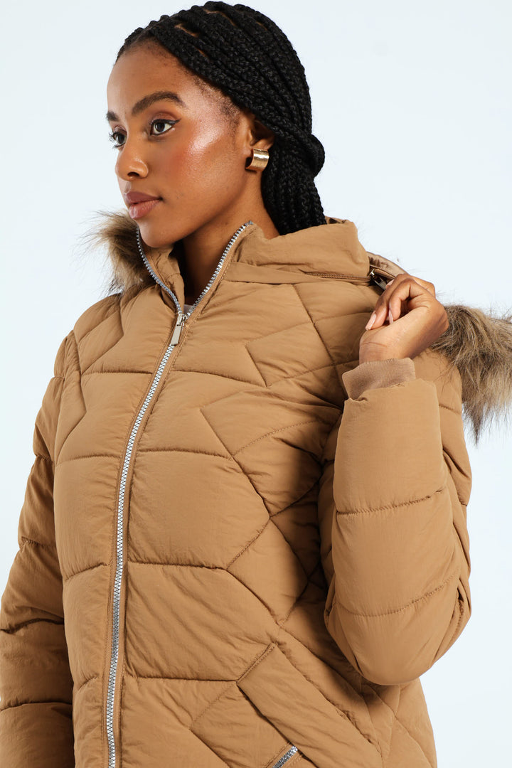 Chevron Quilted Puffer With Detachable Tonal Fur Hood - Chestnut