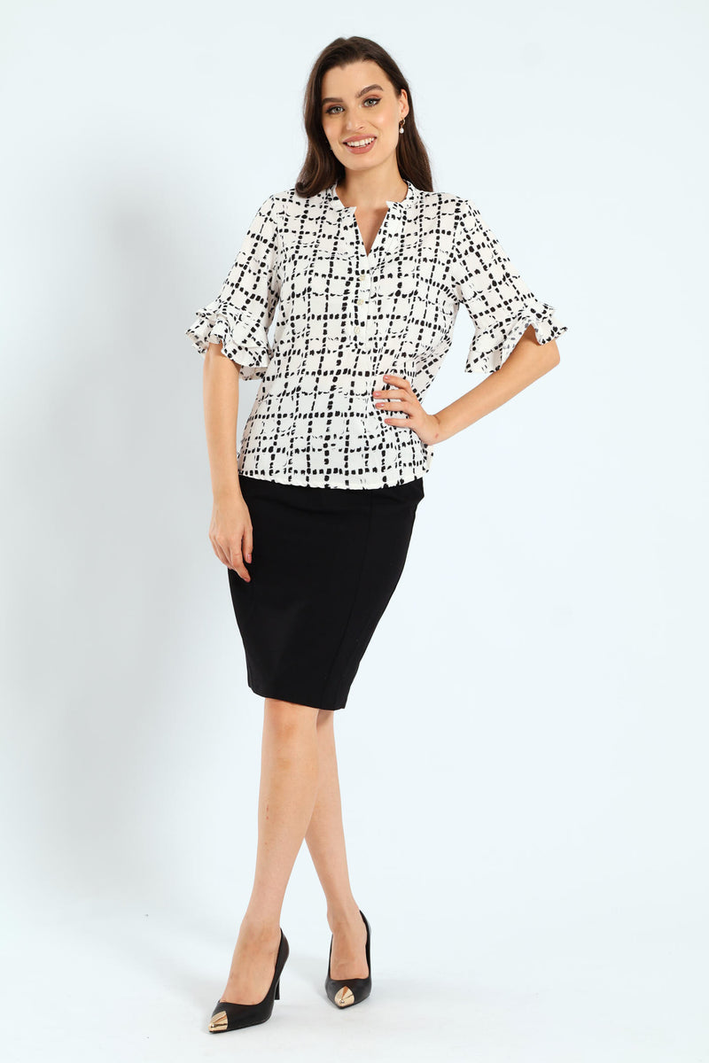 Mandarin Collar Frill Sleeve Blouse - Cream/Black