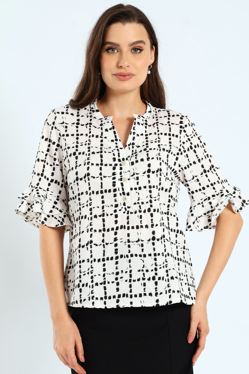 Mandarin Collar Frill Sleeve Blouse - Cream/Black