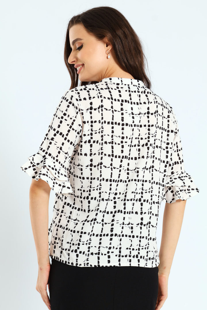 Mandarin Collar Frill Sleeve Blouse - Cream/Black