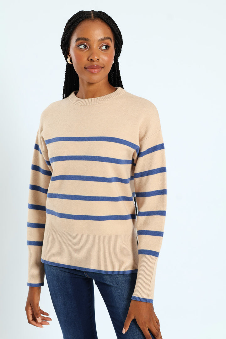 Relaxed Chevron Pullover With Slits & Tipping - Beige/Blue