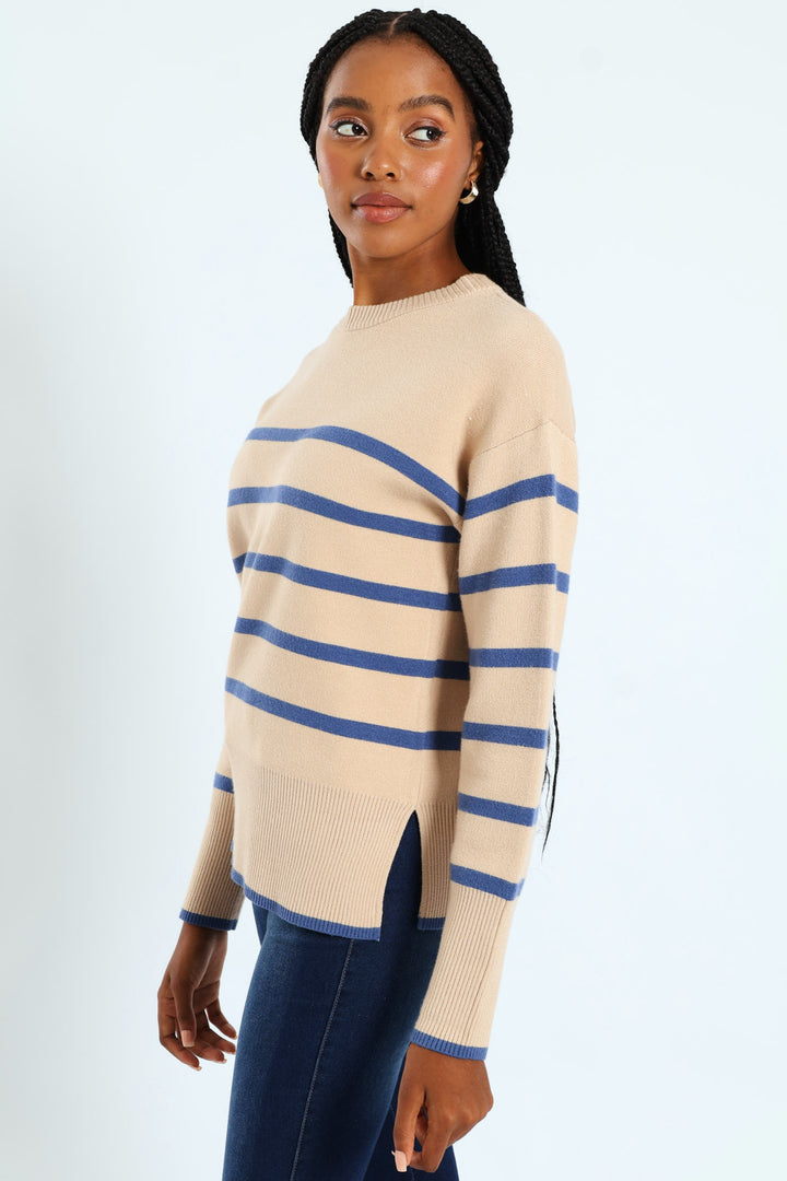 Relaxed Chevron Pullover With Slits & Tipping - Beige/Blue