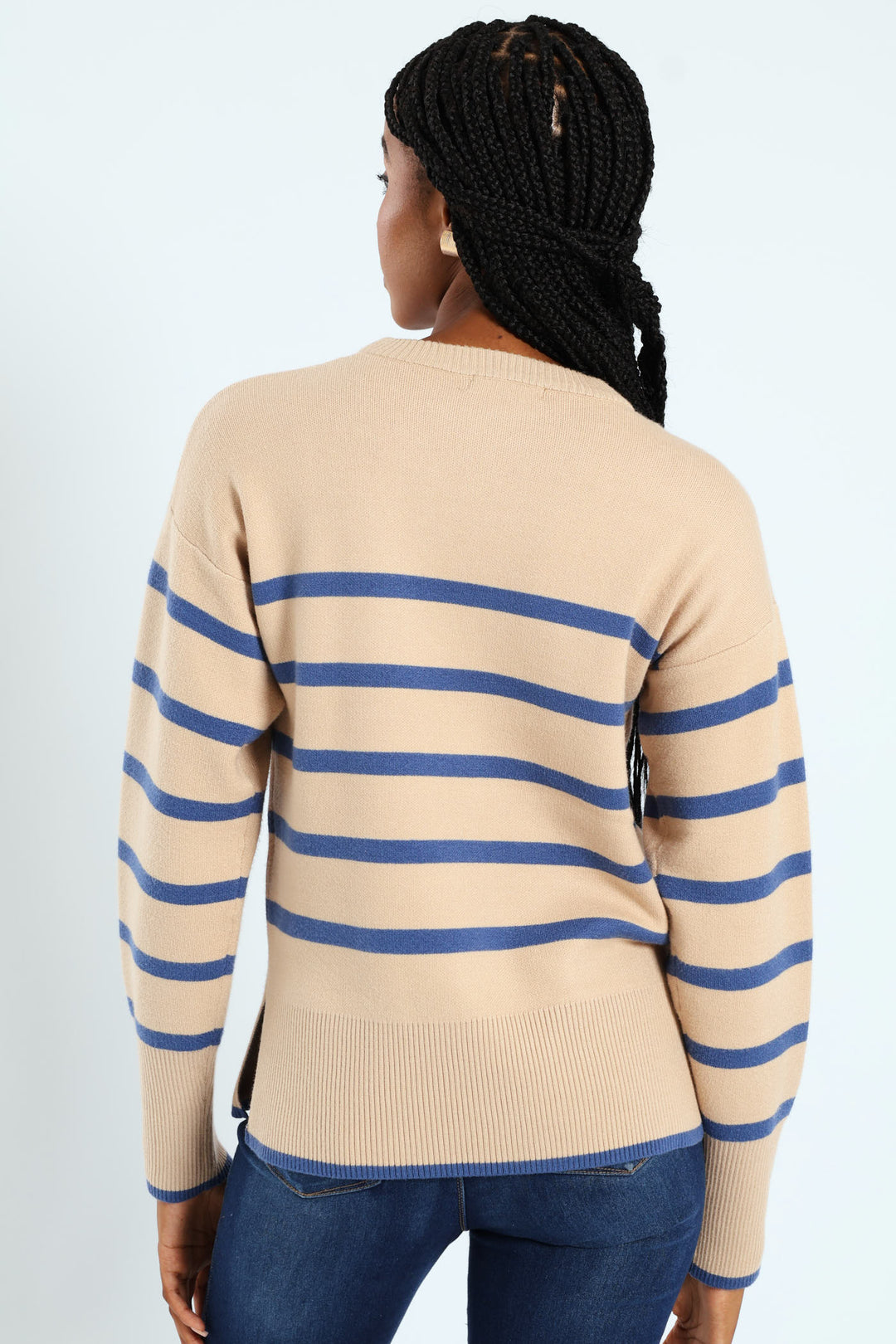 Relaxed Chevron Pullover With Slits & Tipping - Beige/Blue