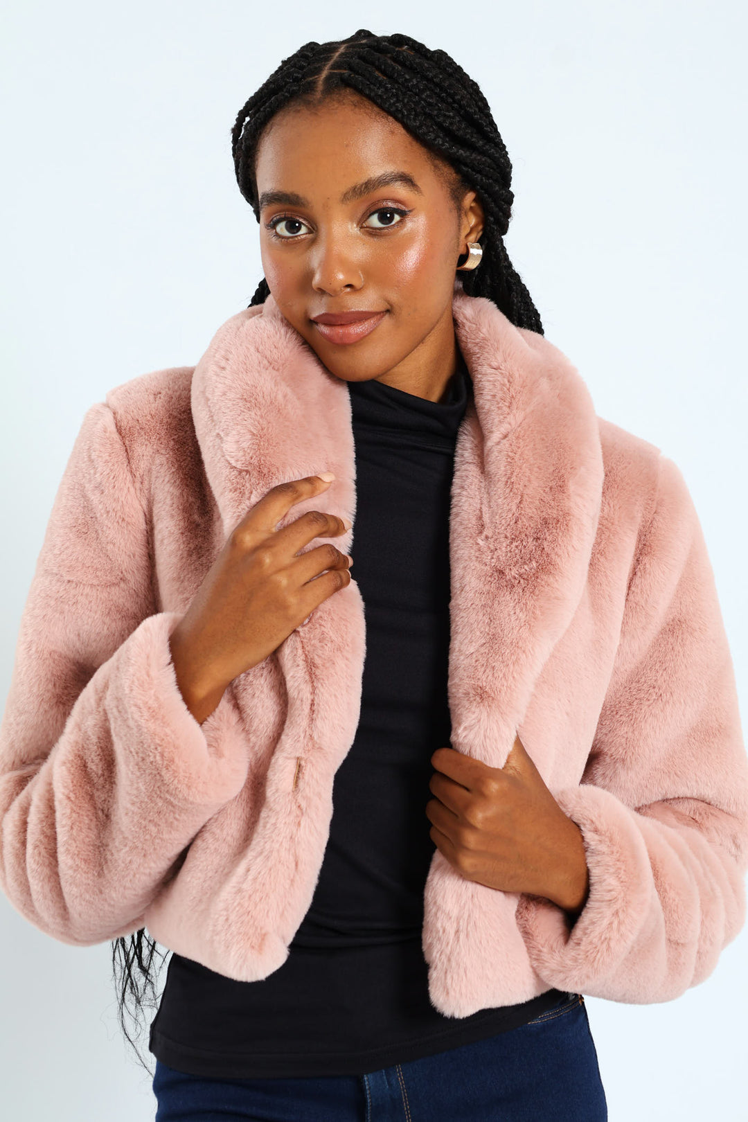 Shawl Collar Fur Coat - Dusty Pink