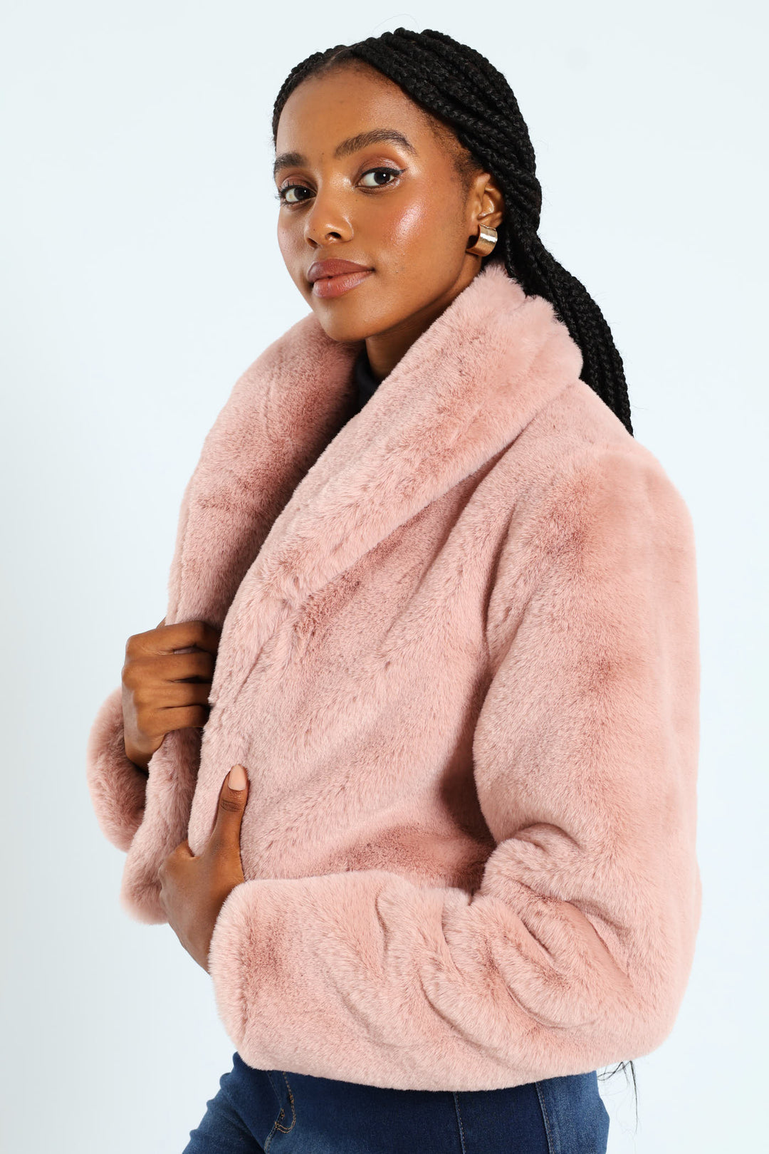 Shawl Collar Fur Coat - Dusty Pink