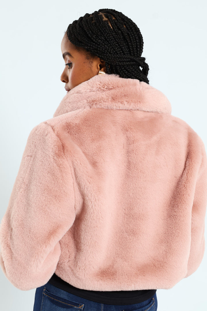 Shawl Collar Fur Coat - Dusty Pink